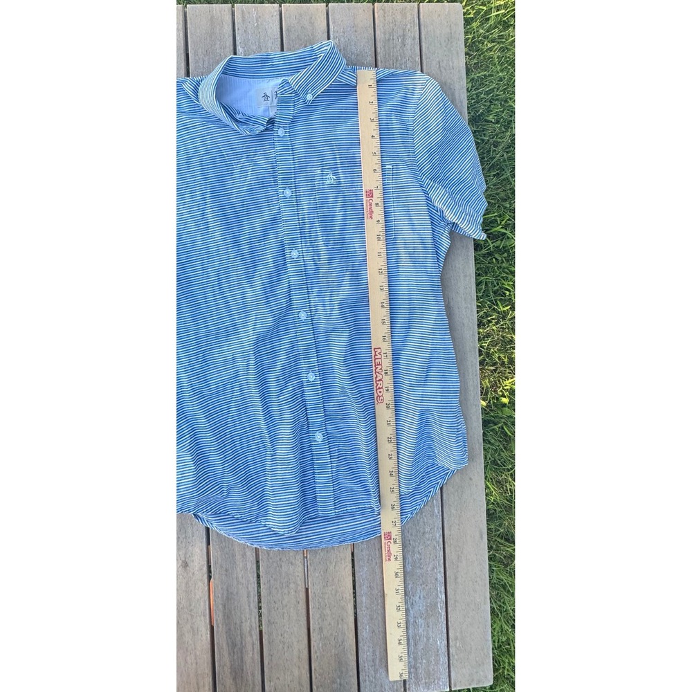 Original Penguin Mens Blue White Striped Short Sleeve Button Down Shirt Medium - Picture 6 of 9